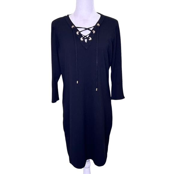 Calvin Klein Black V-Neck Grommet and Zipper Shift Knit Sweater Dress Sz. XL - Picture 1 of 8